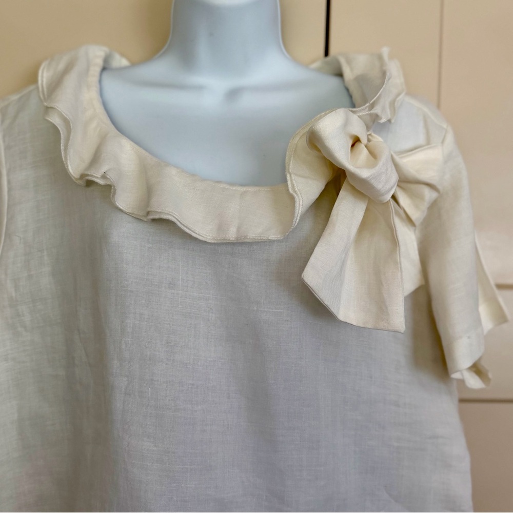 Tyler Boe Cream Linen Ruffle Collar Tunic Top Blouse Size XL Lagenlook Neutral - Picture 2 of 14